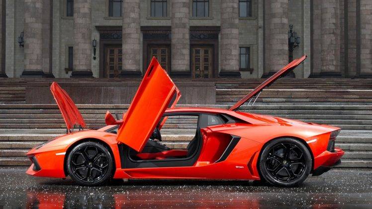 car, Lamborghini, Orange, Lamborghini Aventador, Rain HD Wallpaper Desktop Background