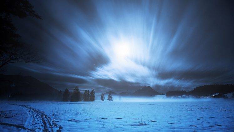 nature, Snow, Moonlight, Landscape, Long Exposure, Trees, Night, Sky, Path HD Wallpaper Desktop Background