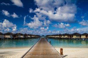 nature, Landscape, Beach, Maldives, Resort, Sea, Sand, Clouds, Sky, Tropical, Summer, Vacations, Walkway, Path