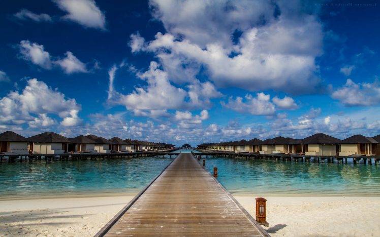 nature, Landscape, Beach, Maldives, Resort, Sea, Sand, Clouds, Sky, Tropical, Summer, Vacations, Walkway, Path HD Wallpaper Desktop Background
