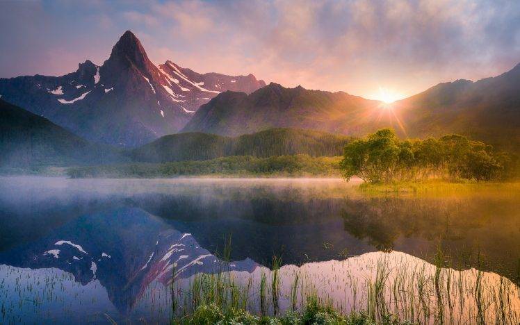 nature, Landscape, Lake, Sunrise, Reflection, Water, Summer, Mountain, Mist, Norway, Trees, Forest, Wildflowers HD Wallpaper Desktop Background