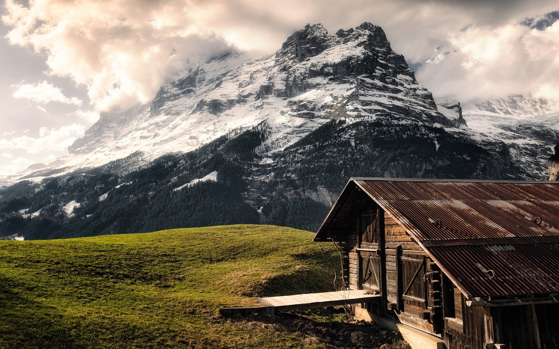 nature, Landscape, Mountain, Cabin, Forest, Clouds, Grass, Alps, Switzerland, Snowy Peak Wallpaper
