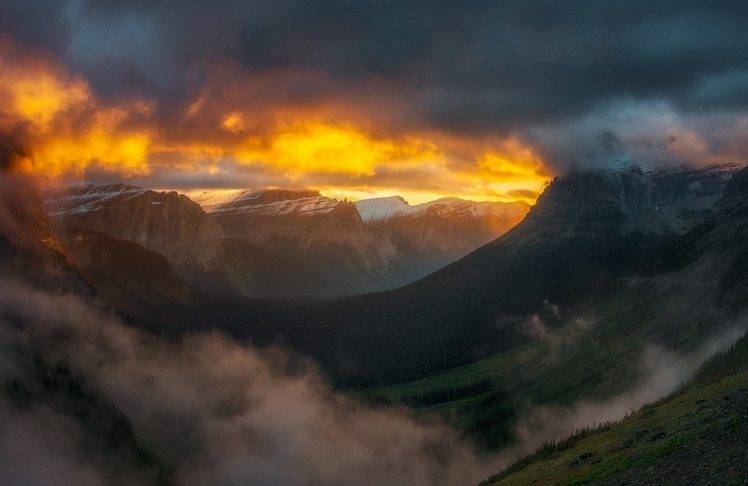 nature, Landscape, Glacier National Park, Sunrise, Mountain, Forest, Clouds, Mist, Snowy Peak, Mountain Pass, Valley, Sky, Sunlight HD Wallpaper Desktop Background