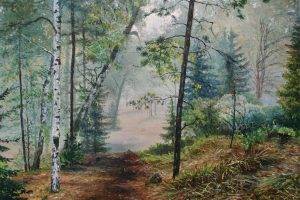 painting, Forest, Birch, Nature, Trees, Artwork, Landscape, Path