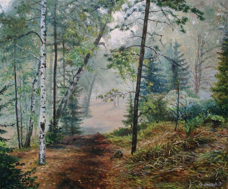 painting, Forest, Birch, Nature, Trees, Artwork, Landscape, Path HD Wallpaper Desktop Background
