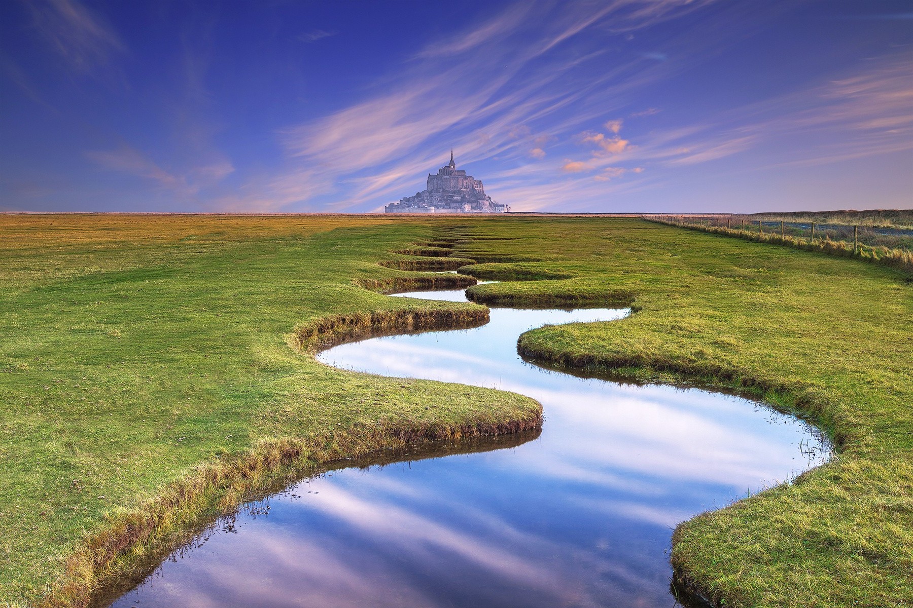 river, Nature, Landscape, Field, Grass, Stream, Photo Manipulation, Normandia, France, Architecture, Castle, Horizon, Fence, Clouds, Hill, Reflection, Water Wallpaper