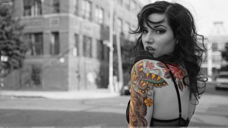 tattoo, Selective Coloring, Bra, Women, Brunette HD Wallpaper Desktop Background