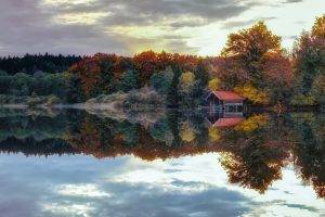 nature, Landscape, Lake, Forest, Fall, Sunset, Water, Calm, Reflection, Cabin, Trees, Clouds, Meditation
