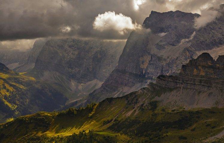 landscape, Nature, Mountain, Clouds, Sun Rays, Forest, Summer, Grass, Alps, Europe, Cliff, Hill, Valley HD Wallpaper Desktop Background