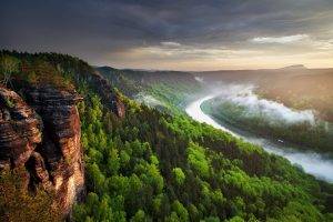 nature, Landscape, River, Forest, Mist, Sunset, Czech Republic, Canyon, Erosion, Clouds