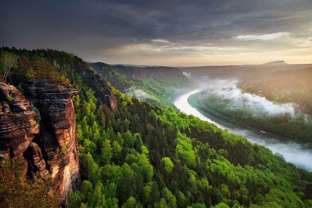nature, Landscape, River, Forest, Mist, Sunset, Czech Republic, Canyon, Erosion, Clouds Wallpaper