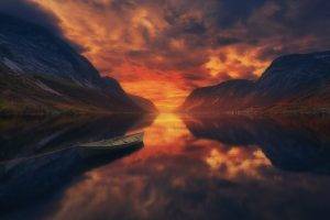summer, Sunset, Lake, Mountain, Boat, Water, Reflection, Landscape, Norway, Nature, Sky, Clouds