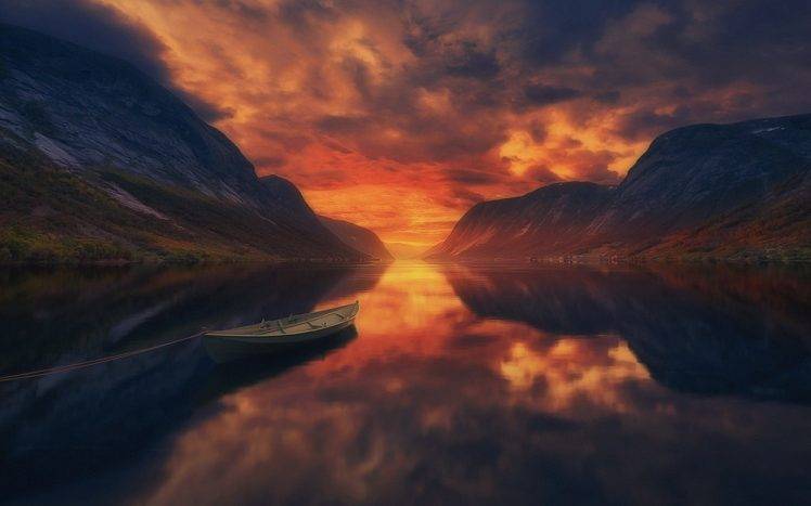 summer, Sunset, Lake, Mountain, Boat, Water, Reflection, Landscape, Norway, Nature, Sky, Clouds HD Wallpaper Desktop Background