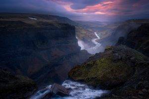summer, Calm, Iceland, Canyon, River, Sunset, Sky, Mist, Clouds, Hill, Valley, Nature, Landscape