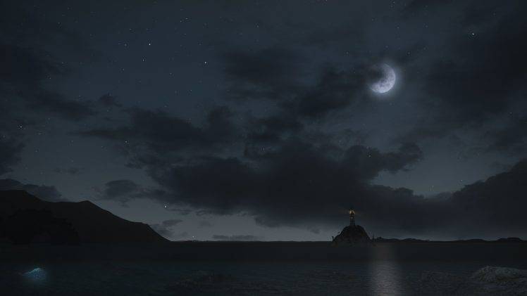 Final Fantasy XIV: A Realm Reborn, Sea, Night, Lighthouse, Clouds, Video Games, Bay, Stars, Moon, Moonlight, Digital Art, Sky HD Wallpaper Desktop Background