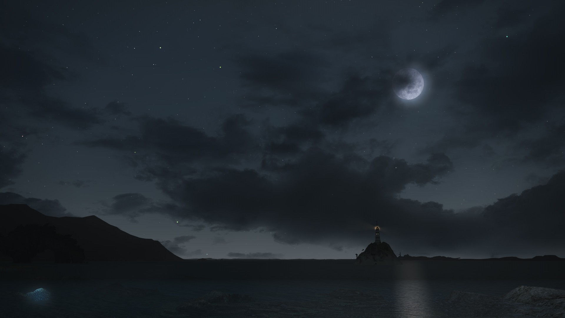 Final Fantasy XIV: A Realm Reborn, Sea, Night, Lighthouse, Clouds, Video Games, Bay, Stars, Moon, Moonlight, Digital Art, Sky Wallpaper