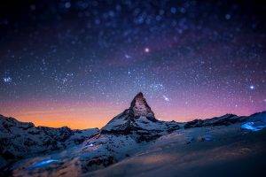 stars, Night, Space, Winter, Snow, Lights, Matterhorn, Tilt Shift, Mountain