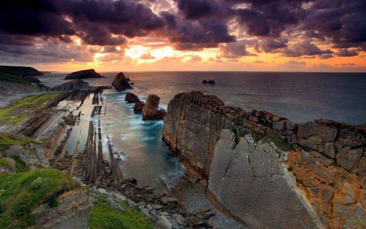 nature, Landscape, Sea, Coast, Cliff, Sunset, Rock Formation HD Wallpaper Desktop Background
