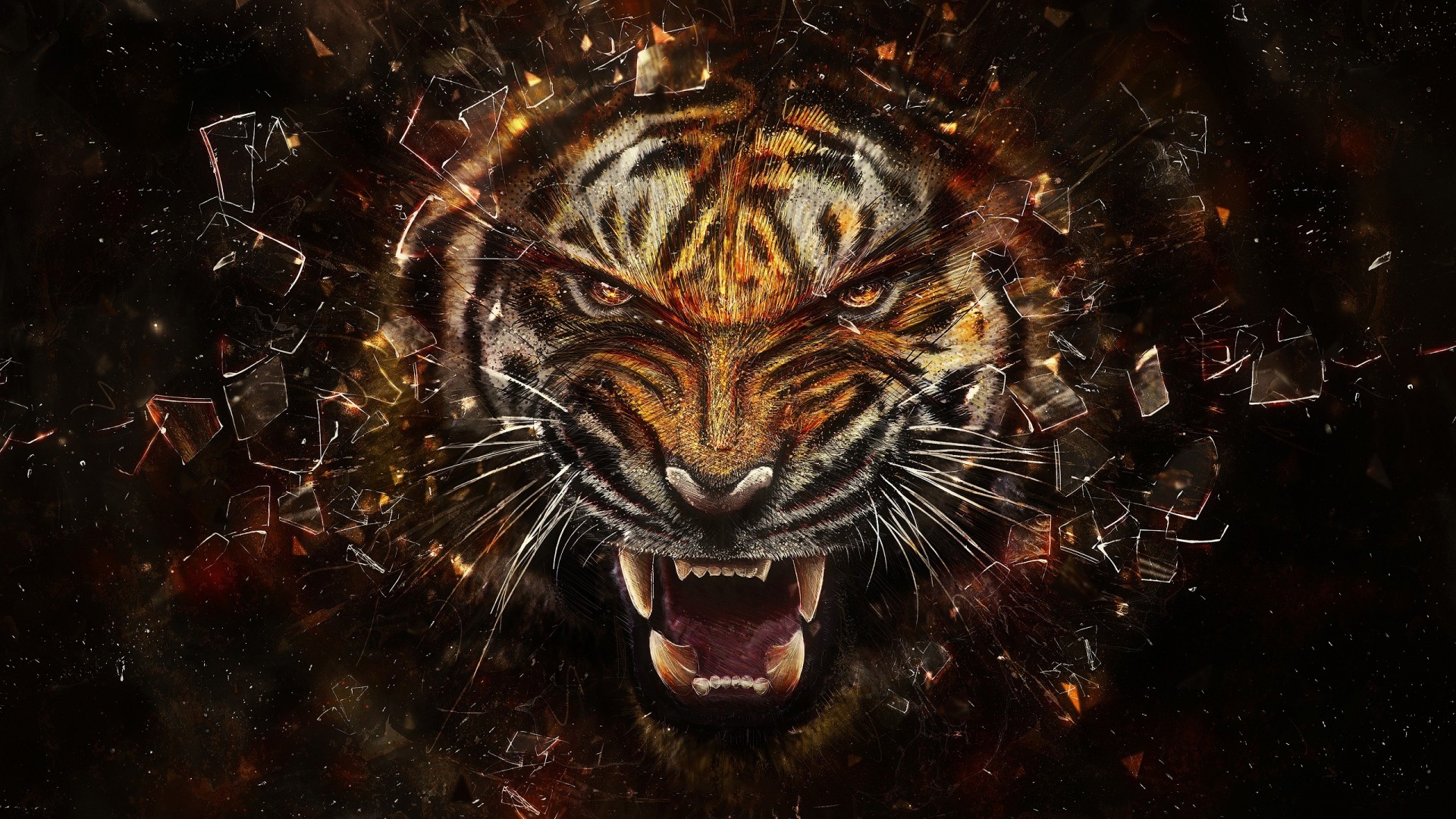 tiger, Glass, Broken Glass, Shards, Face, Teeth, Animals, Artwork, Digital Art Wallpaper