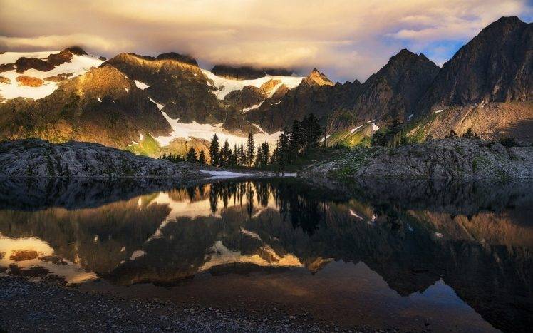 nature, Landscape, Lake, Reflection, Mountain, Trees, Water, Snowy Peak, Calm, Clouds, Wilderness HD Wallpaper Desktop Background