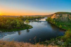 river, Landscape, Nature, Trees, Clear Sky, Sunset