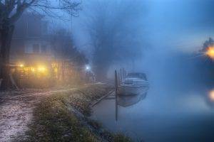mist, Lake, House, Path, Nature, Landscape, Lights, Boat, Atmosphere, Trees