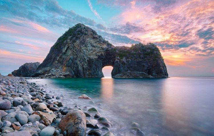 rock, Gates, Sunset, Beach, Stones, Sea, Nature, Landscape, Japan, Sky, Clouds, Water HD Wallpaper Desktop Background