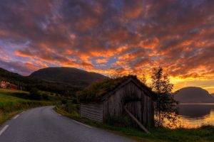 sunrise, Road, Hut, Sky, Clouds, Grass, Mountain, Norway, Summer, Nature, Lake, Landscape