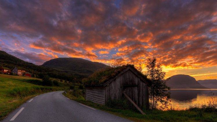 sunrise, Road, Hut, Sky, Clouds, Grass, Mountain, Norway, Summer, Nature, Lake, Landscape HD Wallpaper Desktop Background