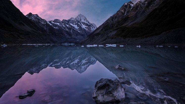 nature, Landscape, Lake, Mountain, Reflection, Water, Sunrise, Snowy Peak, Ice, Clouds, New Zealand HD Wallpaper Desktop Background