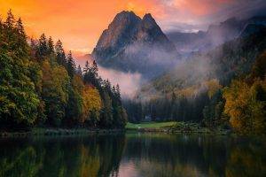 lake, Mountain, Forest, Germany, Mist, Sunset, Fall, Trees, Water, Sky, Nature, Landscape