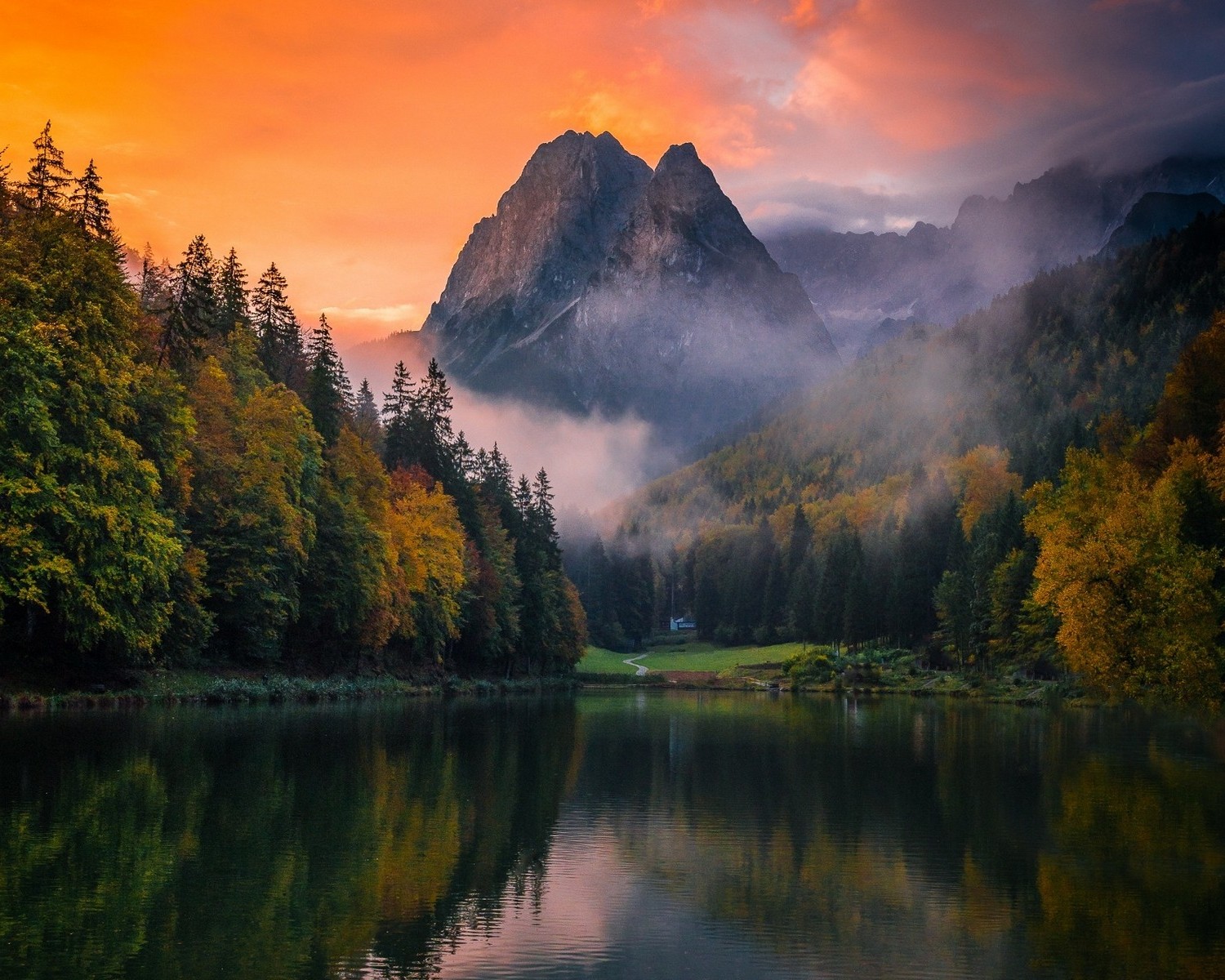 lake, Mountain, Forest, Germany, Mist, Sunset, Fall, Trees, Water, Sky, Nature, Landscape Wallpaper