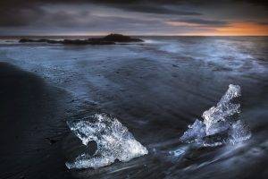 nature, Landscape, Water, Sea, Clouds, Waves, Ice, Coast, Sand, Rock, Beach, Sunset, Horizon, Long Exposure, Iceland