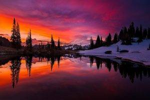 lake, Sunset, Mountain, Forest, Sky, Water, Snow, Reflection, Trees, Clouds, Colorful, Washington State, Landscape, Nature