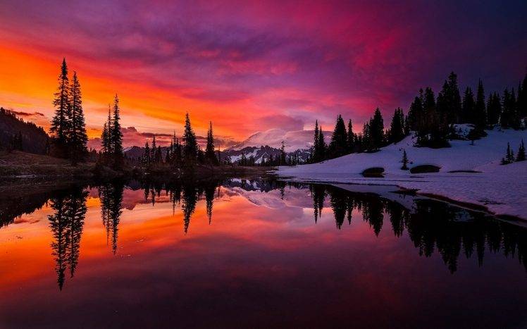 lake, Sunset, Mountain, Forest, Sky, Water, Snow, Reflection, Trees, Clouds, Colorful, Washington State, Landscape, Nature HD Wallpaper Desktop Background