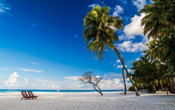 beach, Chair, Morning, Nature, Palm Trees, White, Sand, Blue, Sky, Tropical, Landscape, Maldives, Island, Sea HD Wallpaper Desktop Background