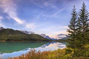 panoramas, Canada, Lake, Mountain, Forest, Snowy Peak, Water, Shrubs, Trees, Calm, Landscape, Nature