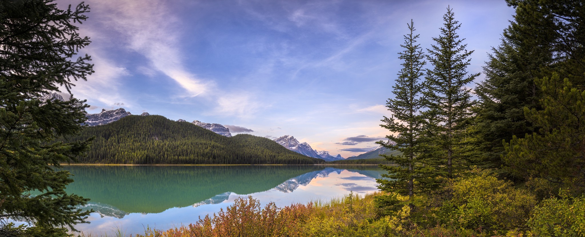 panoramas, Canada, Lake, Mountain, Forest, Snowy Peak, Water, Shrubs, Trees, Calm, Landscape, Nature Wallpaper