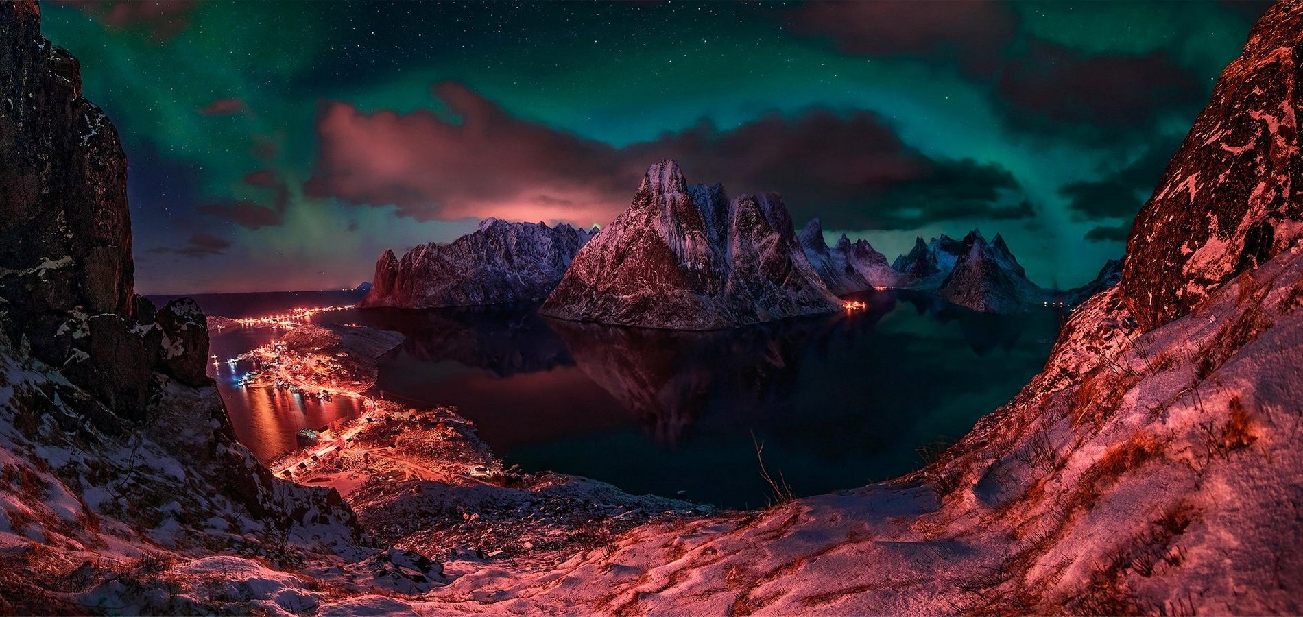 Lofoten, Norway, Winter, Clouds, Ports, Starry Night, Lights, Island, Mountain, Snowy Peak, Fjord, Cold, Nature, Landscape Wallpaper