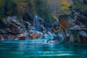 river, Rock, Switzerland, Mountain, Nature, Landscape, Turquoise, Water, Foliage, Shrubs, Waterfall