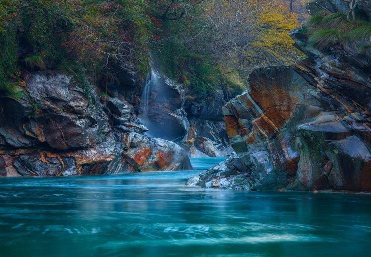 river, Rock, Switzerland, Mountain, Nature, Landscape, Turquoise, Water, Foliage, Shrubs, Waterfall HD Wallpaper Desktop Background