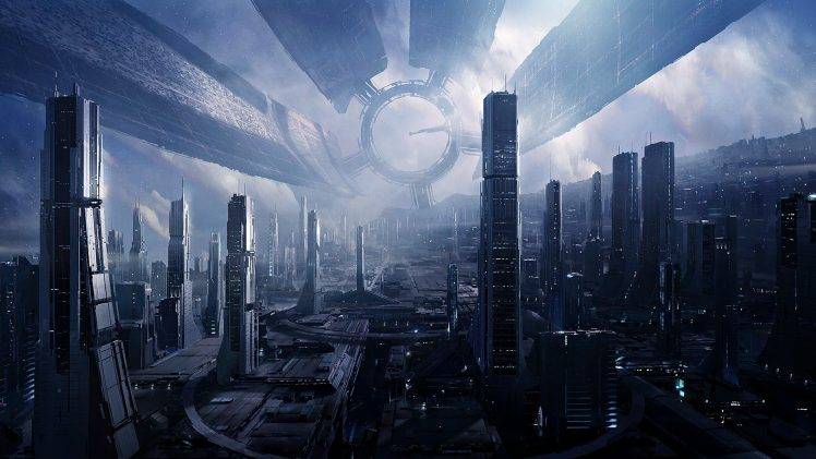 futuristic, Mass Effect, Citadel, Space, Nebula, Space Station, Cityscape, Skyscraper, Digital Art HD Wallpaper Desktop Background