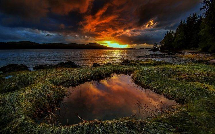 sunset, Grass, Trees, Puddle, Lake, Sky, Mountain, Nature, Landscape, Clouds, Water HD Wallpaper Desktop Background