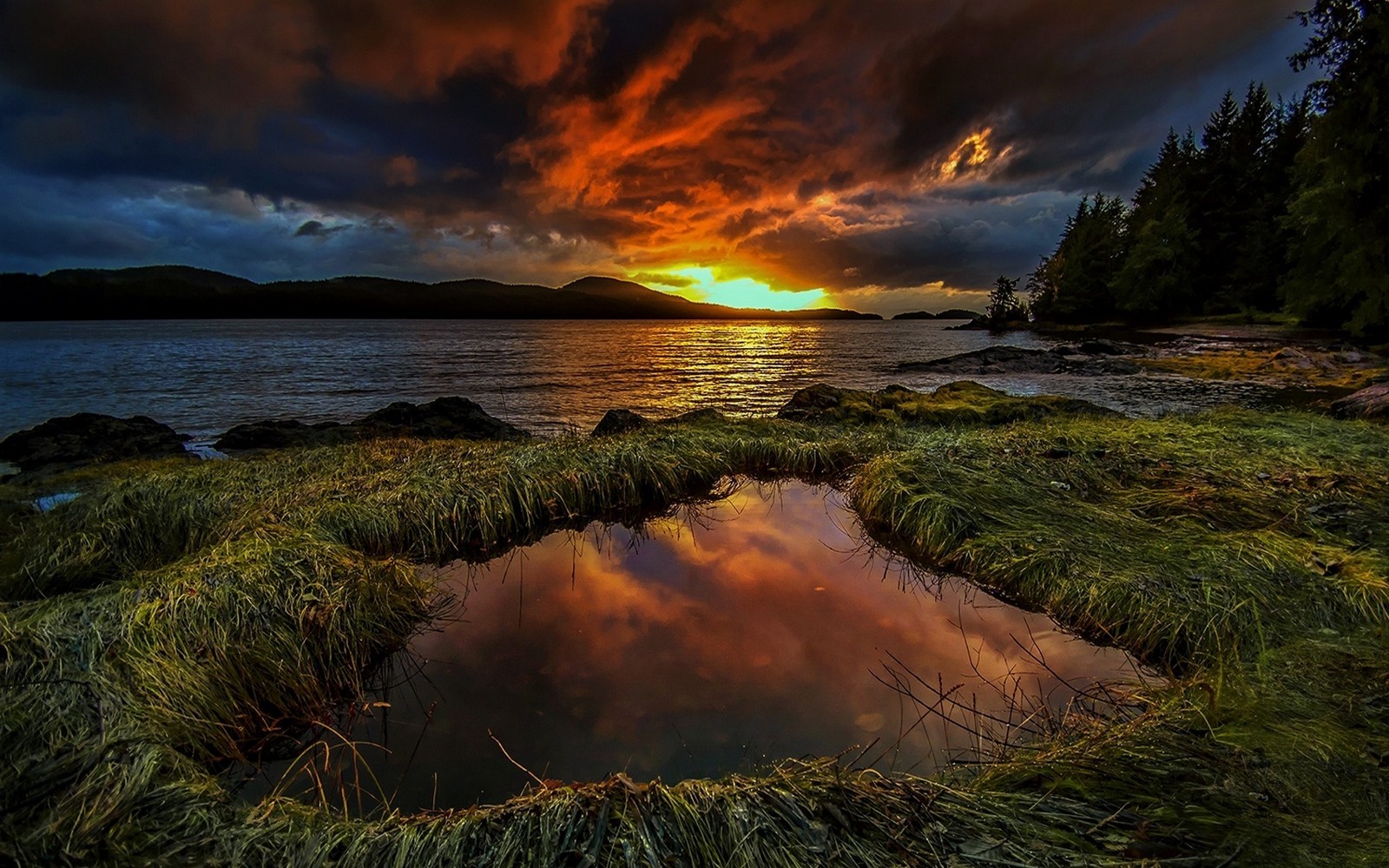 sunset, Grass, Trees, Puddle, Lake, Sky, Mountain, Nature, Landscape, Clouds, Water Wallpaper