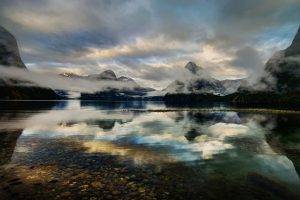 nature, Landscape, Milford Sound, New Zealand, Lake, Fjord, Mountain, Mist, Reflection, Clouds, Snowy Peak, Sunrise, Water