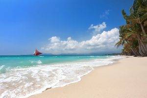 tropical, Sailboats, Beach, Boracay, Island, Philippines, Sea, Summer, Palm Trees, White, Sand, Clouds, Nature, Landscape