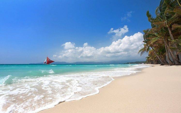 tropical, Sailboats, Beach, Boracay, Island, Philippines, Sea, Summer, Palm Trees, White, Sand, Clouds, Nature, Landscape HD Wallpaper Desktop Background