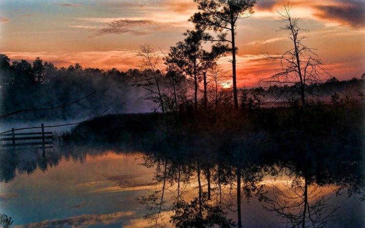 sunrise, Mist, Trees, Swamp, Reflection, Nature, Landscape, Florida, Sky, Clouds, Water HD Wallpaper Desktop Background