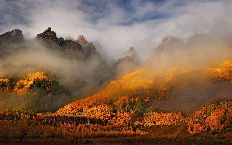fall, Forest, Mountain, Nature, Mist, Colorado, Landscape, Trees, Sunrise, Morning HD Wallpaper Desktop Background