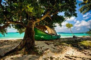 nature, Landscape, Beach, Island, Tropical, India, Boat, Trees, Sea, Sand, Clouds, Shadow